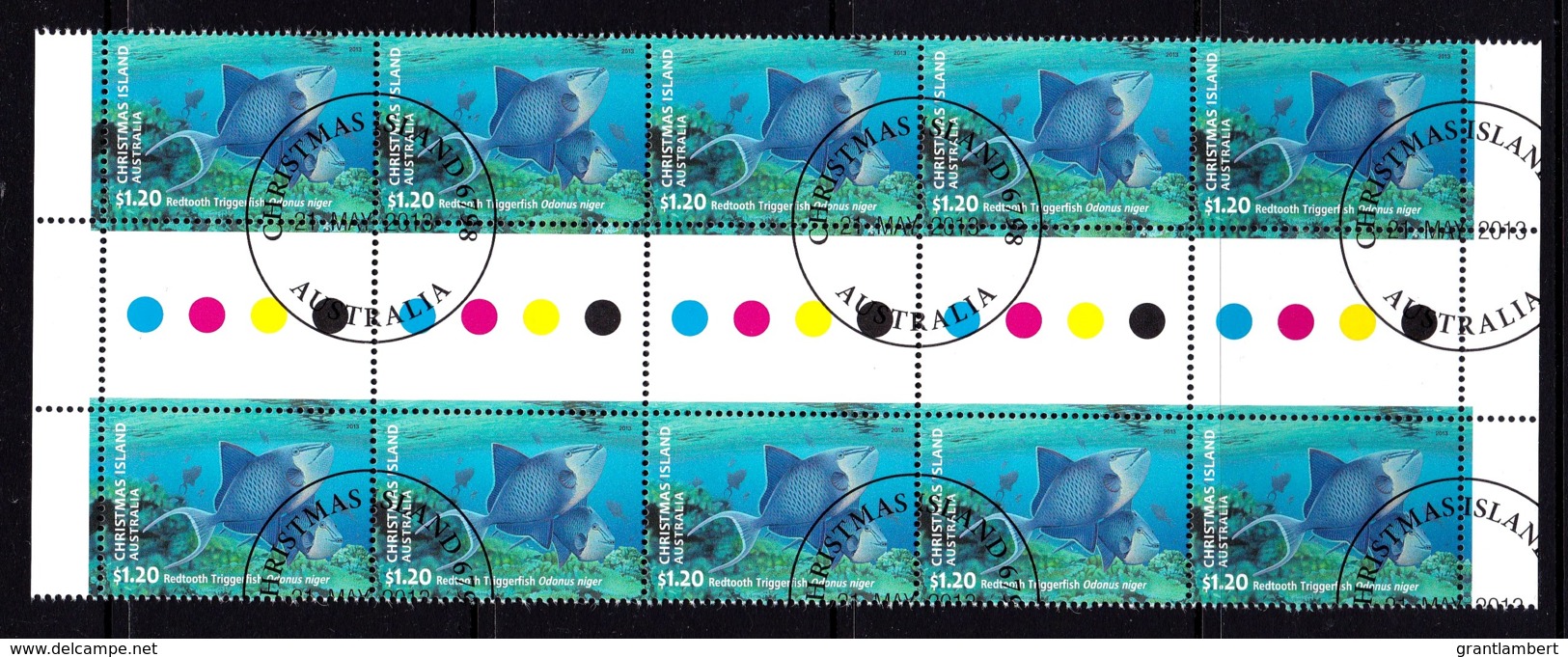 Christmas Island 2013 Fishes $1.20 Redtooth Triggerfish Gutter Block Of 10 CTO - Christmas Island