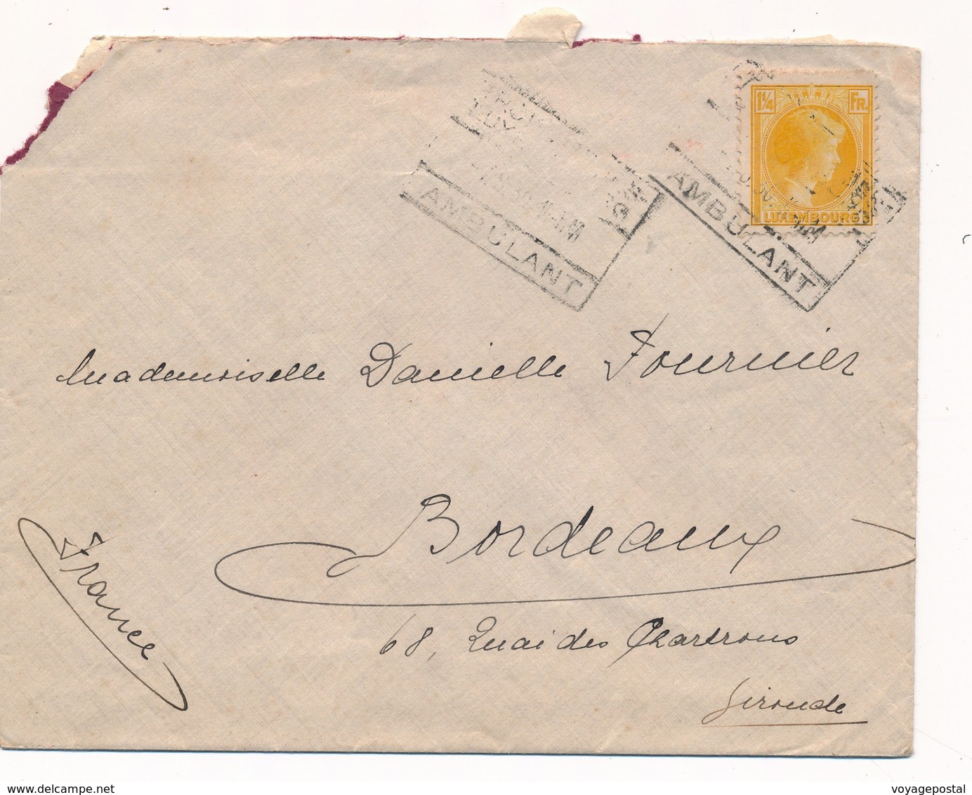 Lettre Luxembourg Cachet Ambulant Timbre 1/4 FR Pour La France - Covers & Documents