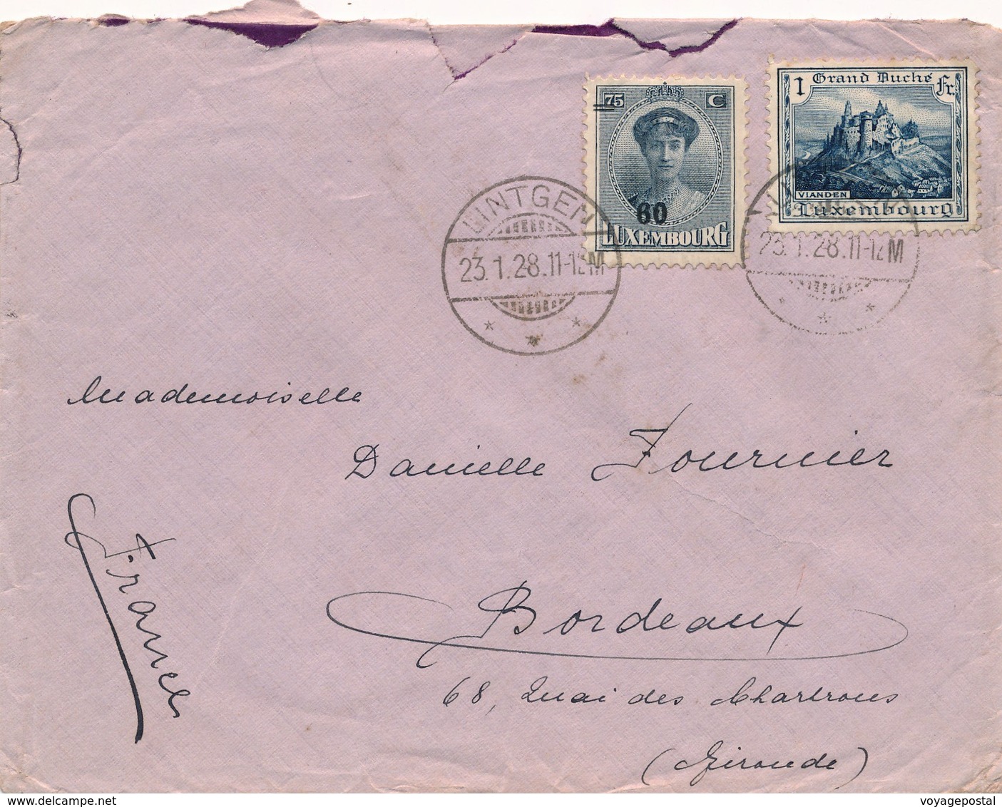 Lettre Luxembourg Litgen 60c Surcharge + 1F Pour La France - Storia Postale