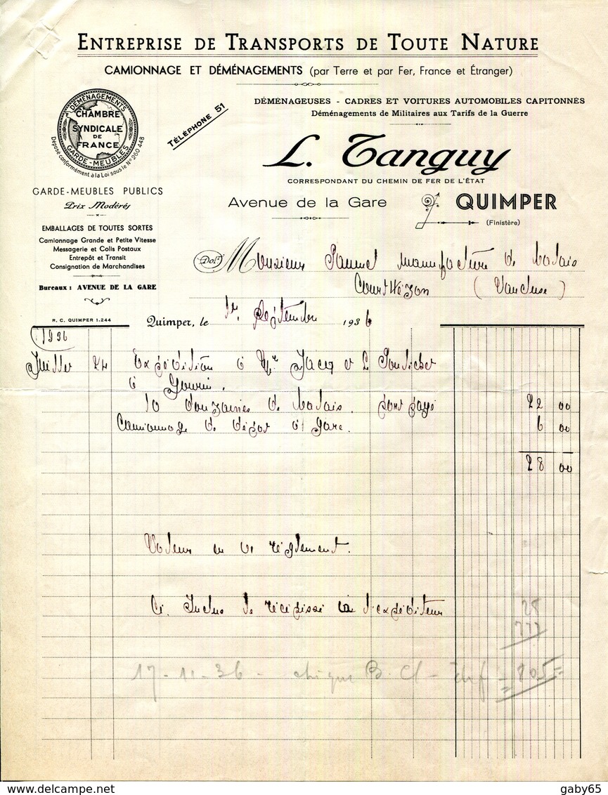 29.FINISTERE.QUIMPER.ENTREPRISE DE TRANSPORT.L.TANGUY AVENUE DE LA GARE. - Verkehr & Transport