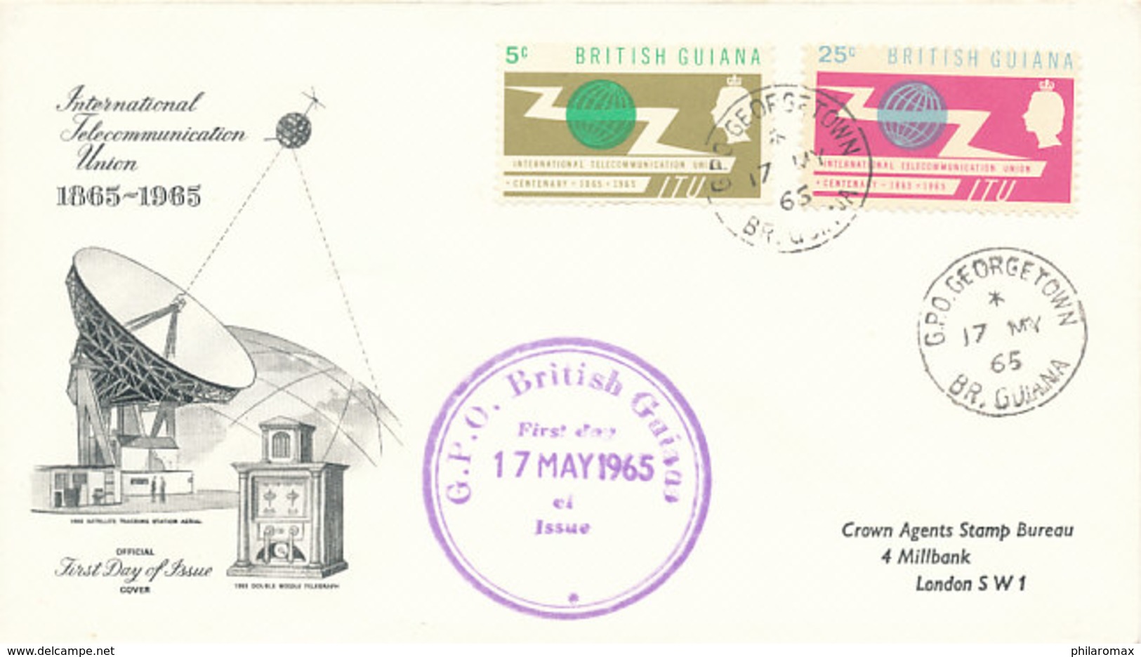 DC-1485 - FDC 1965 - 100 YEARS TELECOMMUNICATION ITU - UIT - SATELLITE - BRITISH GUIANA - Telecom