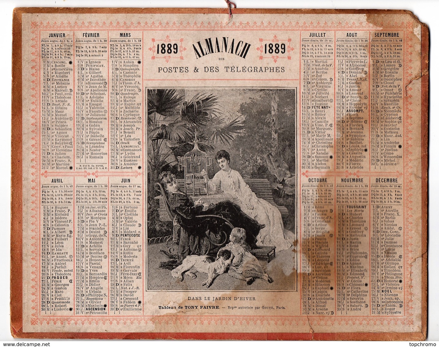 Calendrier Almanach Des Postes Et Télégraphes 1889 Oberthur Dans Le Jardin D'hiver De Tony Faivre - Groot Formaat: ...-1900