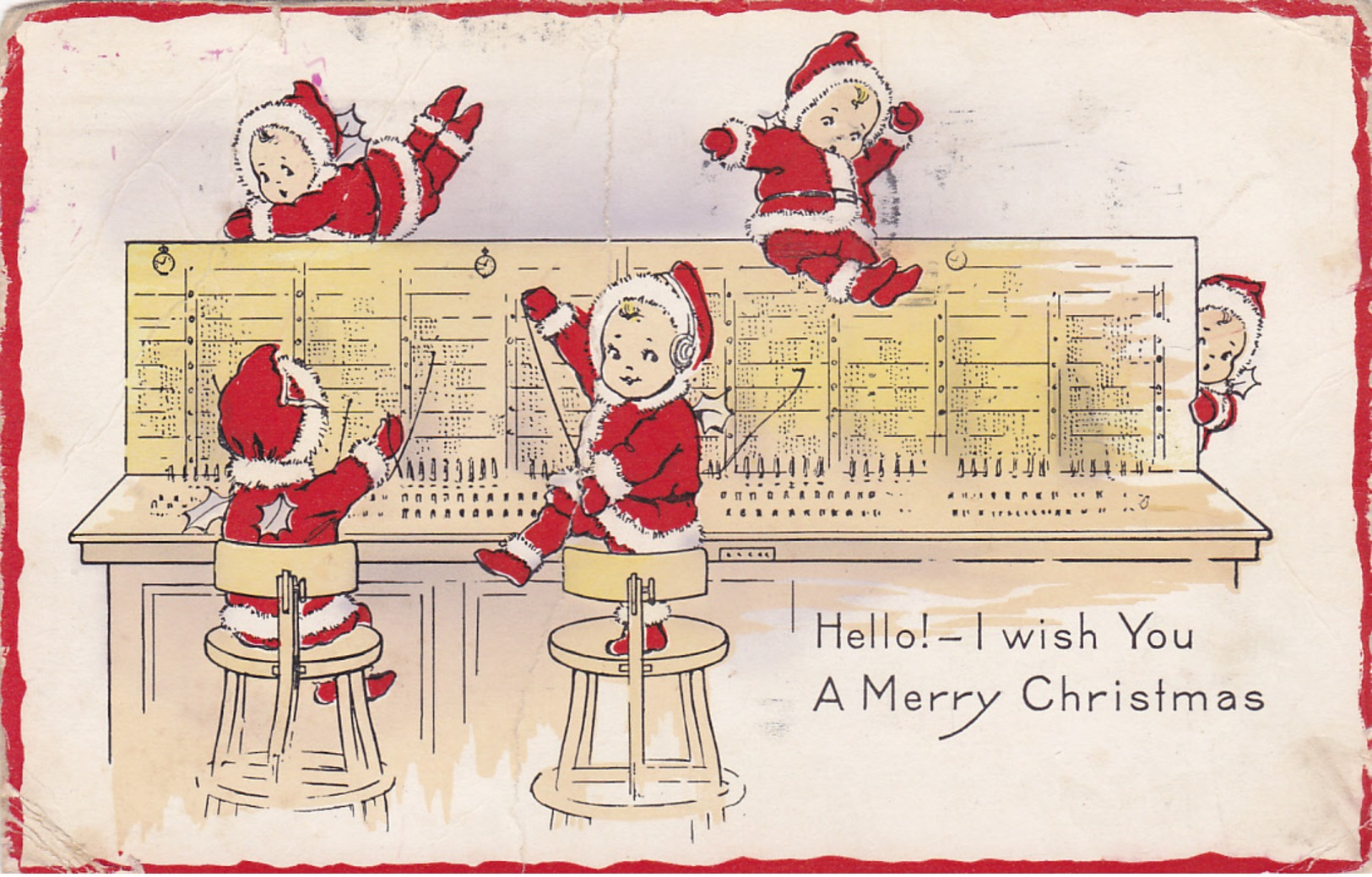 Little Santas On Telephone Switchboard , Hello!-I Wish You A Merry Christmas , 1916 - Santa Claus