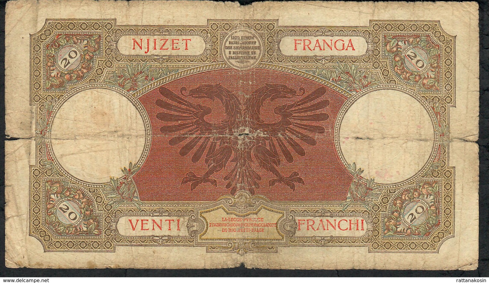 ALBANIA P7 20 FRANGA 1939 FINE TEARS HOLES VG - Albanië