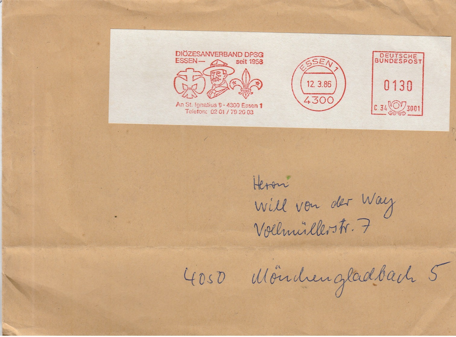 (D0056) Allemagne Oblitératon Mécanique Scoutisme Essen 1 12.3.86 - Lettres & Documents