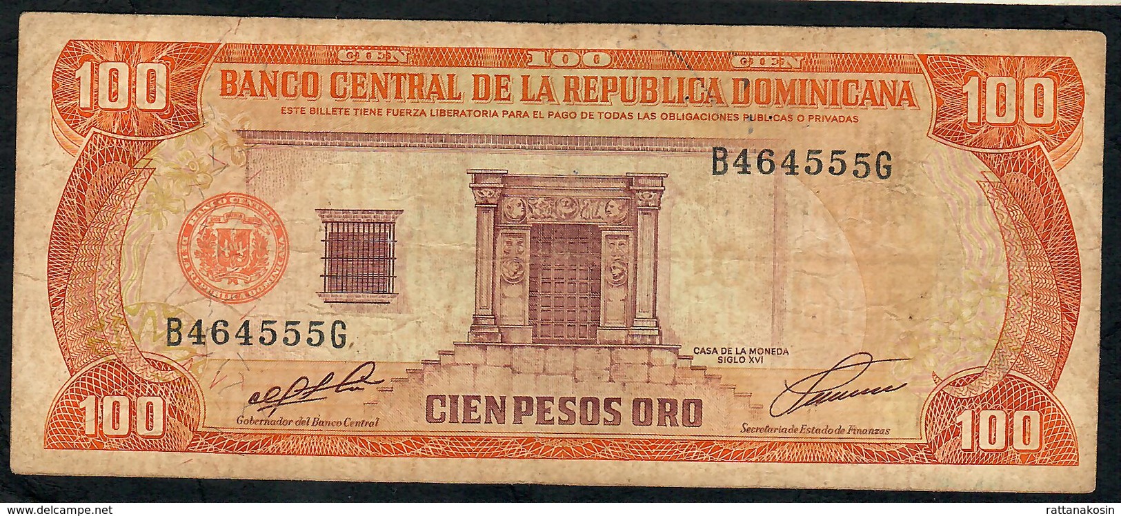 DOMINICAN REPUBLIC P136a 100 PESOS ORO 1991 #B/G  Signature 34 FINE - Dominicaine