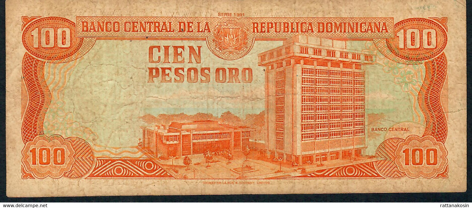 DOMINICAN REPUBLIC P136a 100 PESOS ORO 1991 #B/G  Signature 34 FINE - República Dominicana