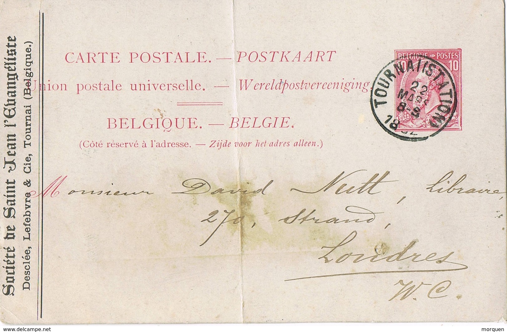 31431. Entero Postal Provado, Privat Card TOURNAI Station (Belgien) 1892 - Internationale Antwortscheine