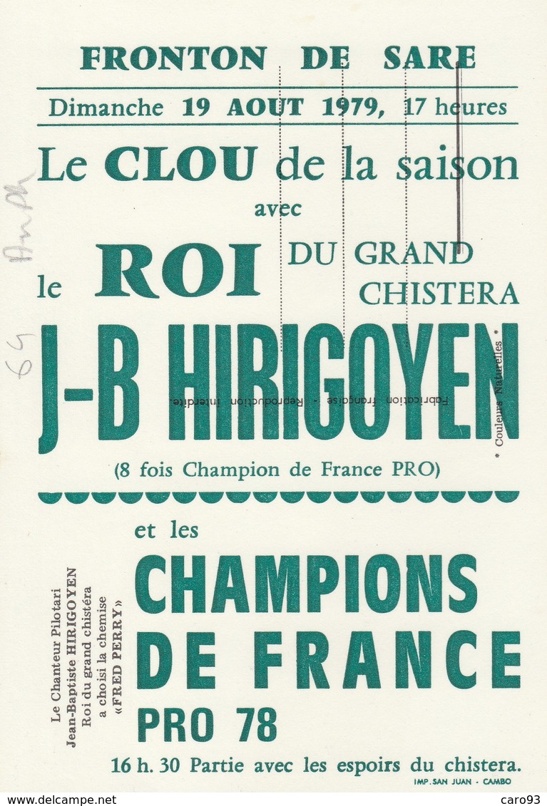 J-B HIRIGOYEN  Le Roi Du Grand Chistera Fronton De Sare 19 Août 1979 - Personalidades Deportivas