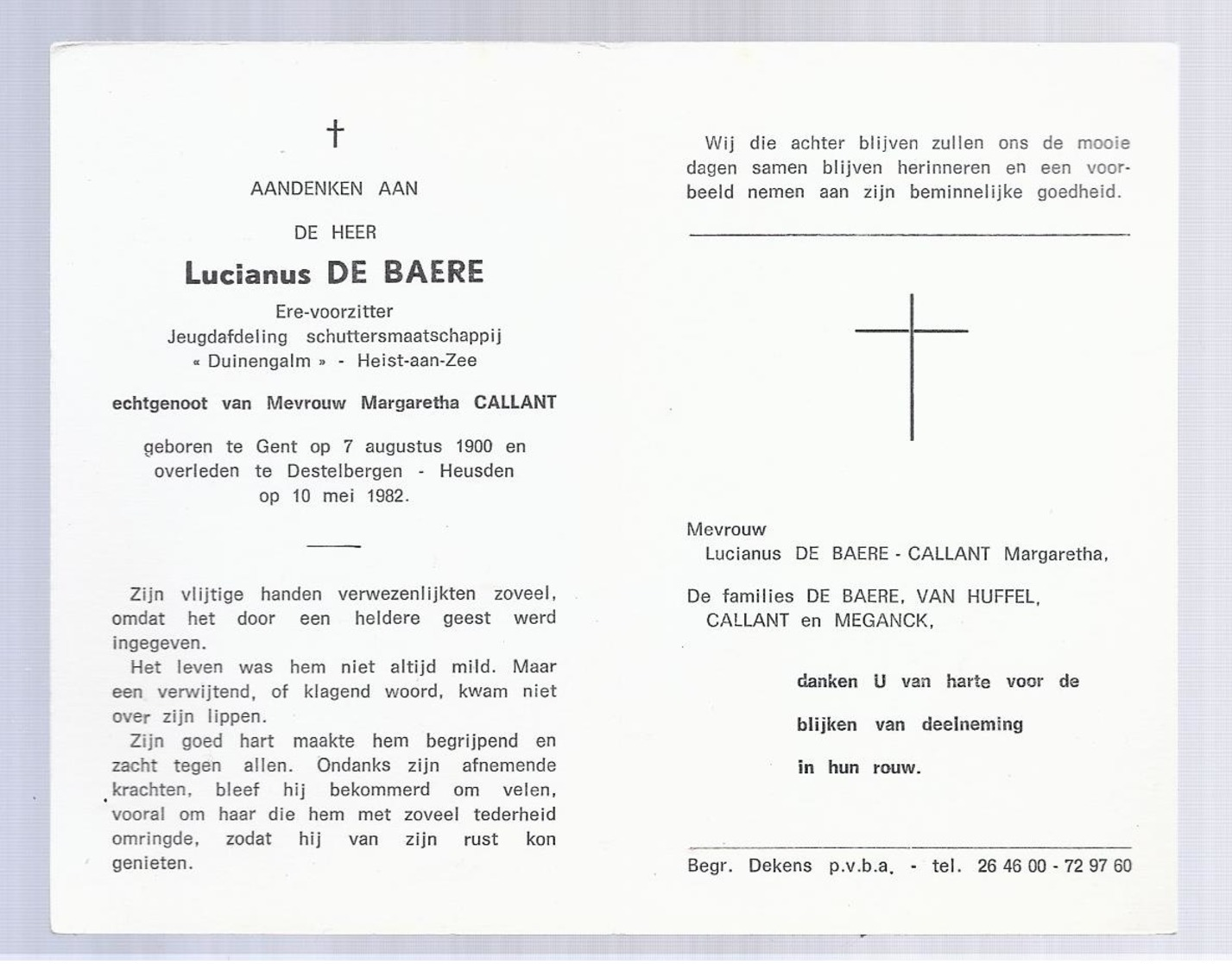 DOODSPRENTJE DE BAERE CALLANT ERE-VOORZITTER DUINENGALM HEIST AAN ZEE ° GENT 1900 + DESTELBERGEN-HEUSDEN 1982 - Images Religieuses
