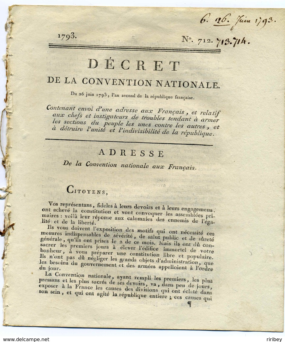 Révolution Française : Decret De La Convention Nationale / 26 Juin 1793 / Lois Contre L'instabilité De La République - 1701-1800: Précurseurs XVIII