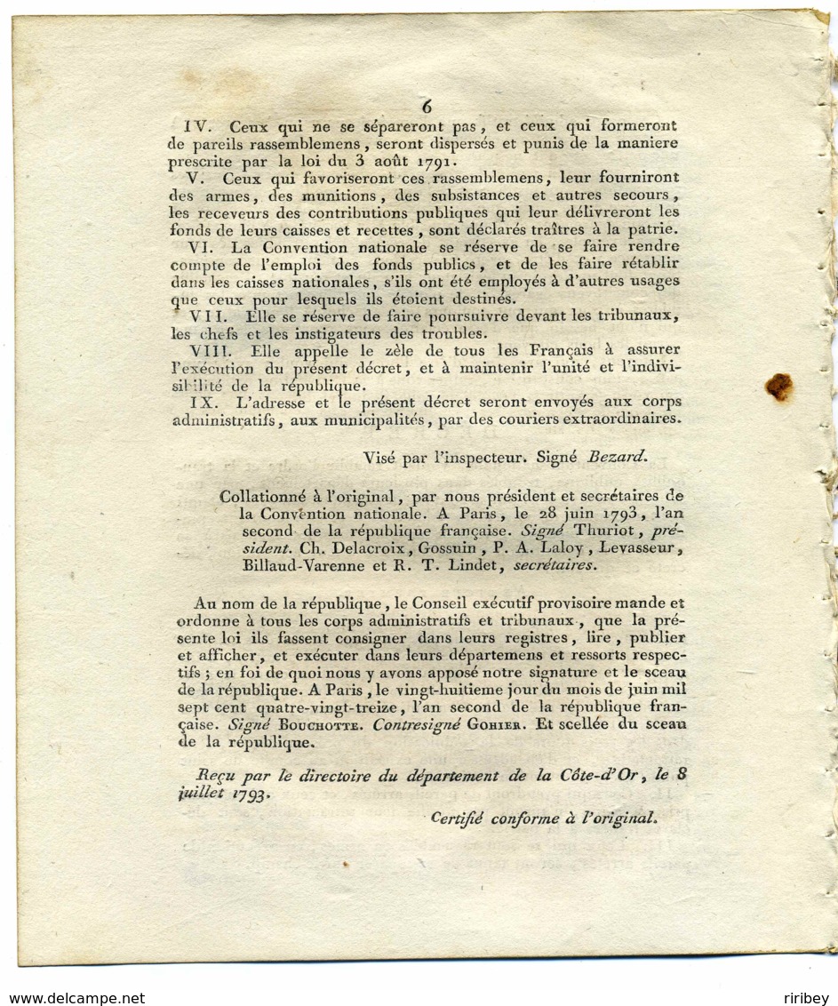 Révolution Française : Decret De La Convention Nationale / 26 Juin 1793 / Lois Contre L'instabilité De La République - 1701-1800: Précurseurs XVIII