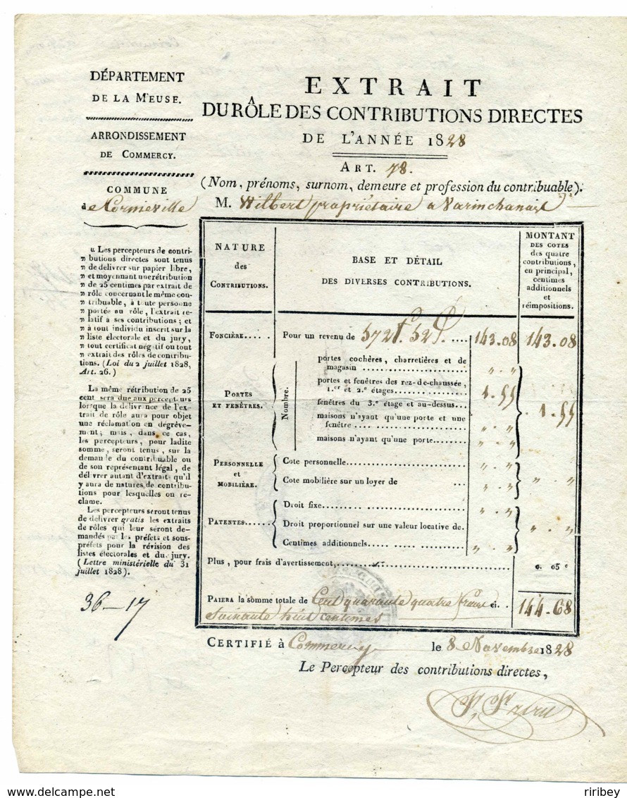 Dept 53 De La MEUSE / Extrait Des Contributions Directes / Normeville . 1828 - 1801-1848: Précurseurs XIX