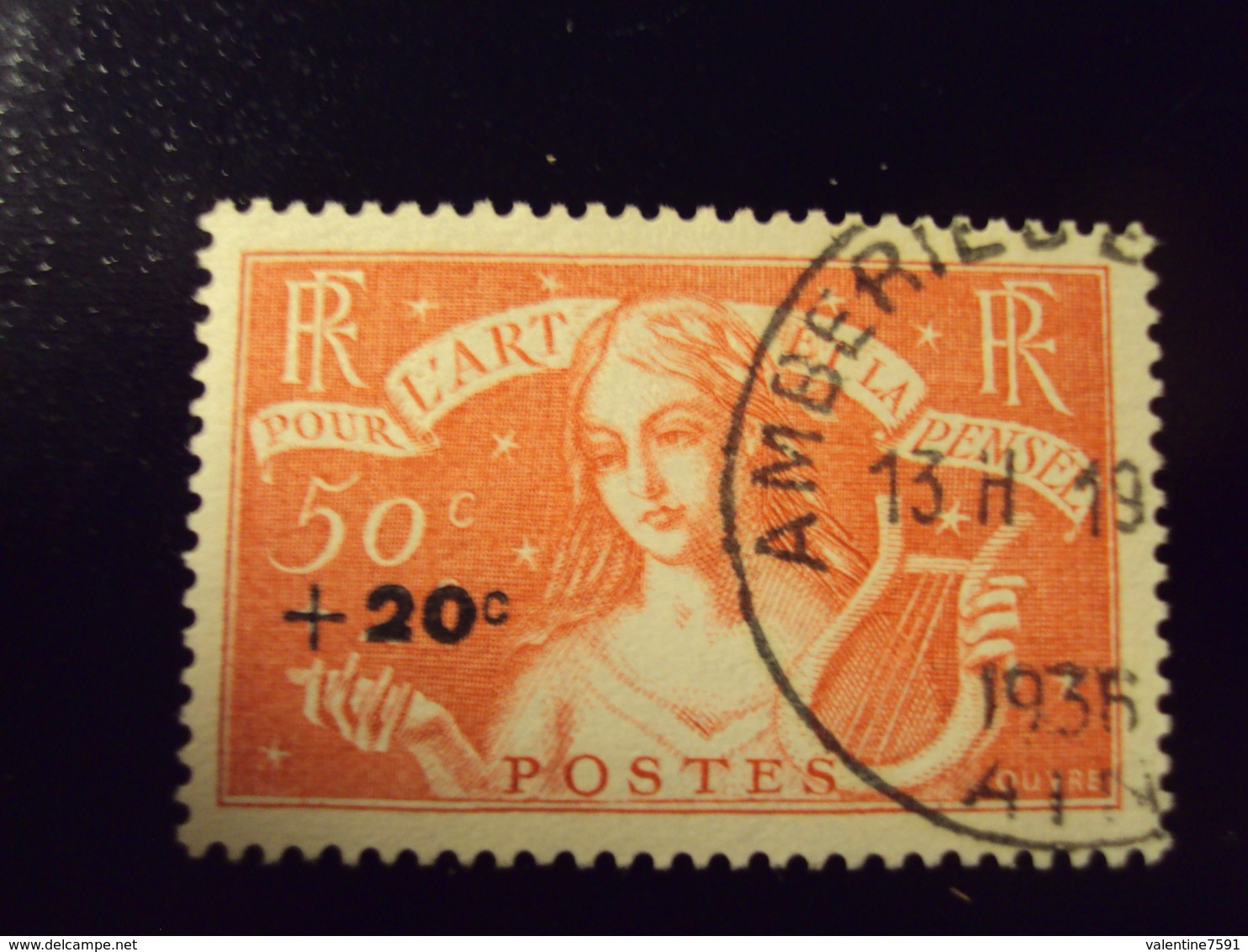 1936  Timbre Oblitéré N° 329    " Art Et Pensée-surchargé +20c      "     Cote   4   Net  2 - Usati