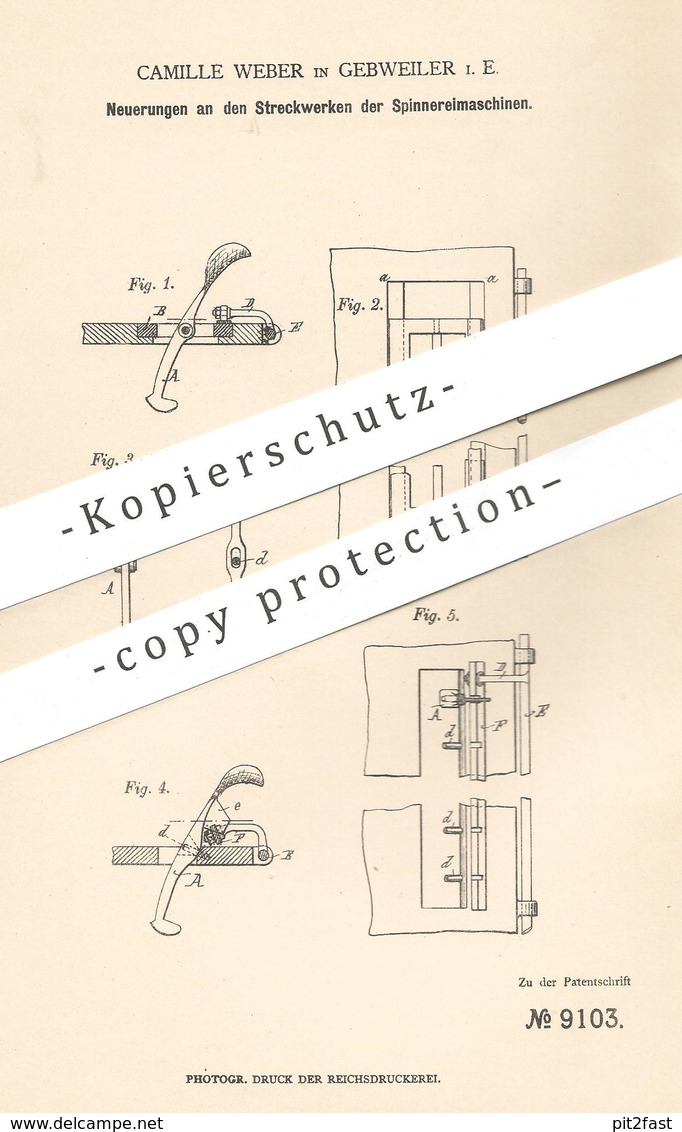 Original Patent - Camille Weber , Gebweiler , 1879 , Streckwerk Für Spinnereimaschine | Spinnen , Spinnerei !!! - Historische Dokumente