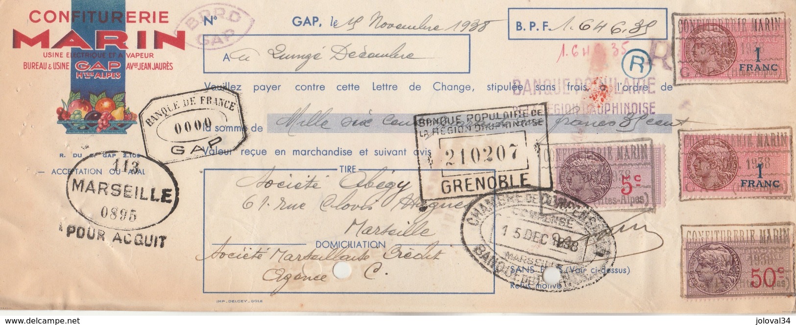 Lettre Change Illustrée 15/11/1938 MARIN Confiturerie GAP Hautes Alpes - Abegy Marseille - Lettres De Change