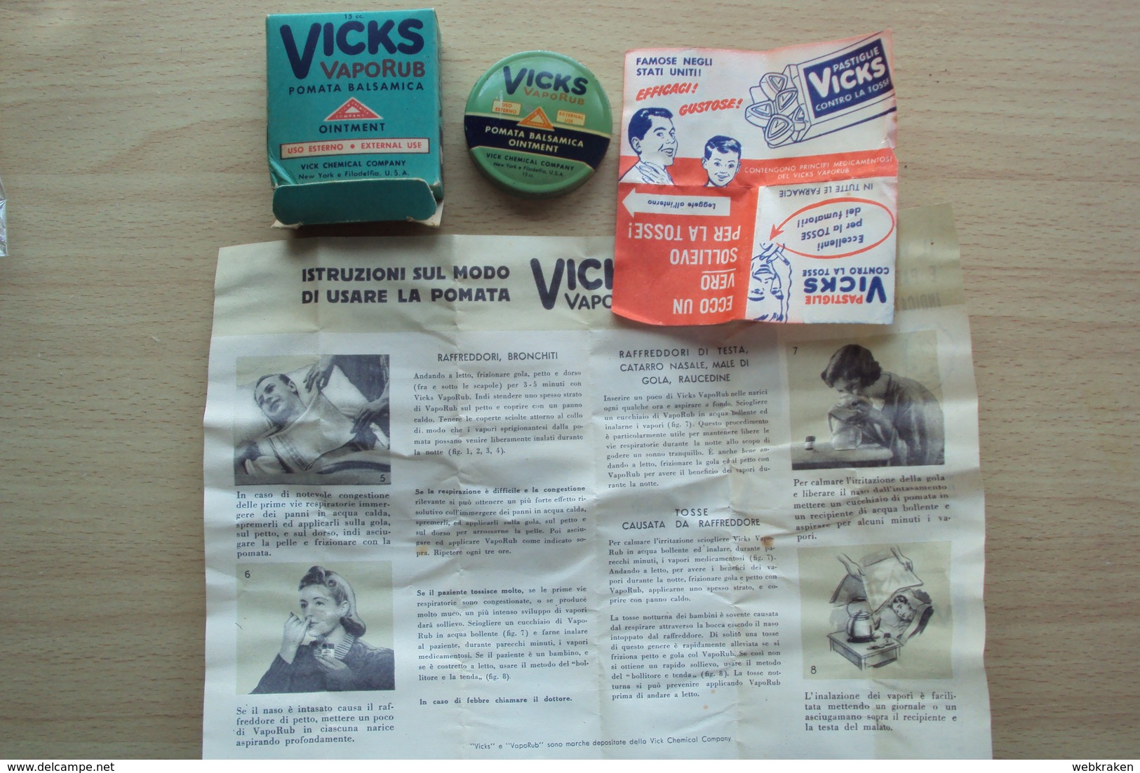 VECCHIA SCATOLETTA SCATOLA DI CARTA E DI LATTA PICCOLA FARMACIA MEDICINE VICKS VAPORUB PIACENZA STUPENDA Cm. 6x6 - Scatole