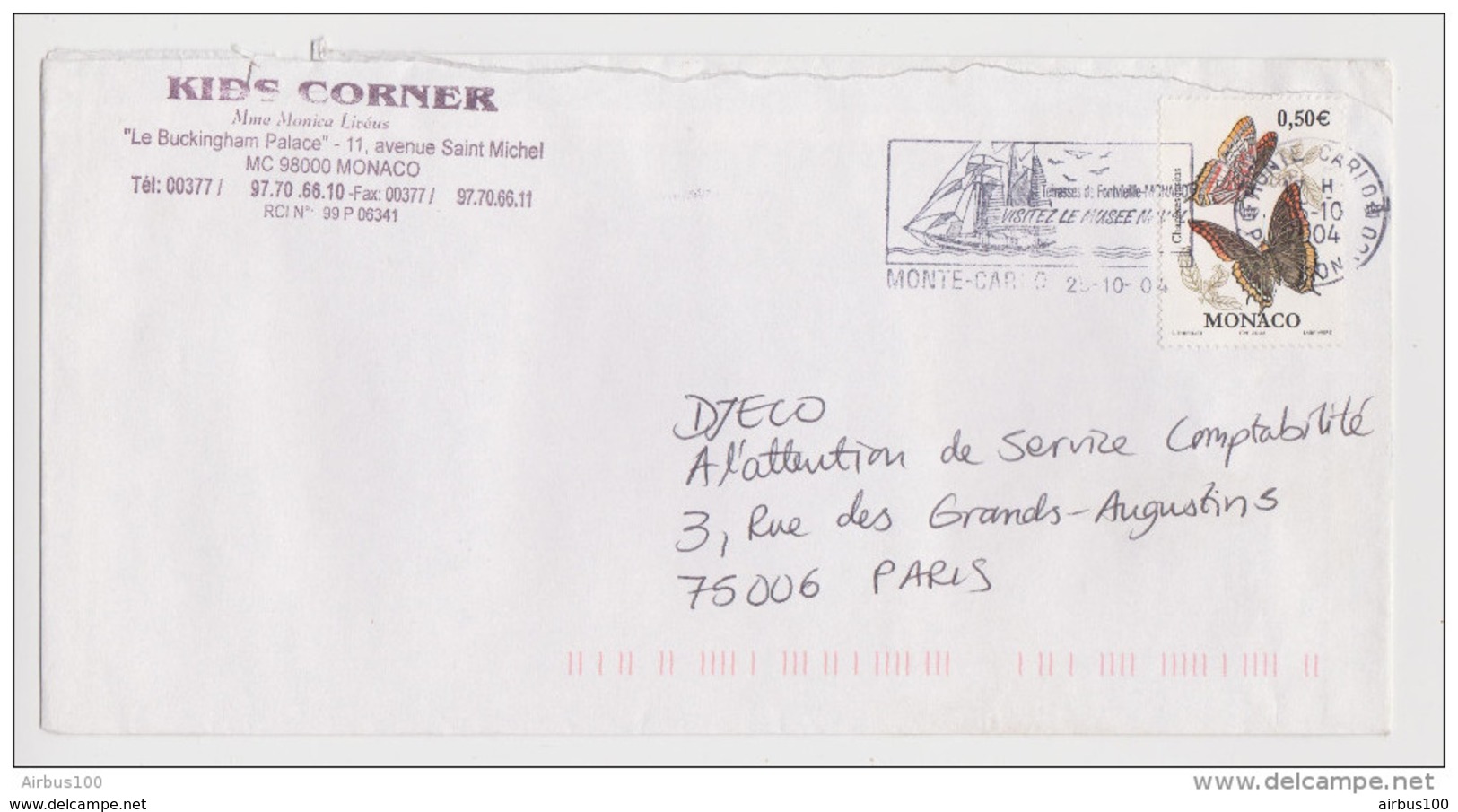 MONACO LETTRE COVER 25/10/2004 KIDS CORNER LE BUCKINGHAM PALACE Mme MONICA LIVEUS - 2 Scans - Lettres & Documents