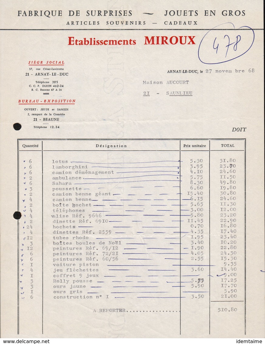 FACTURE ETS MIROUX - FABRIQUE DE SURPRISES ET JOUETS EN GROS - ARNAY LE DUC - 27 NOVEMBRE 1968 - 1950 - ...