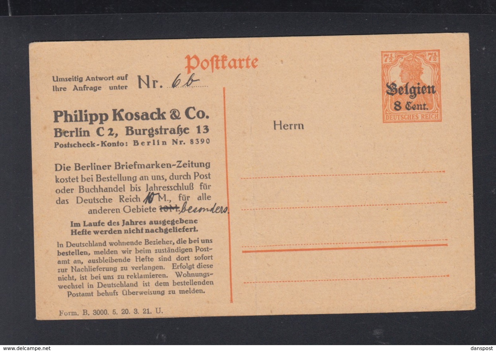 Dt. Reich Besetzung Belgien GSK Vordruck Kosack - Occupation 1914-18