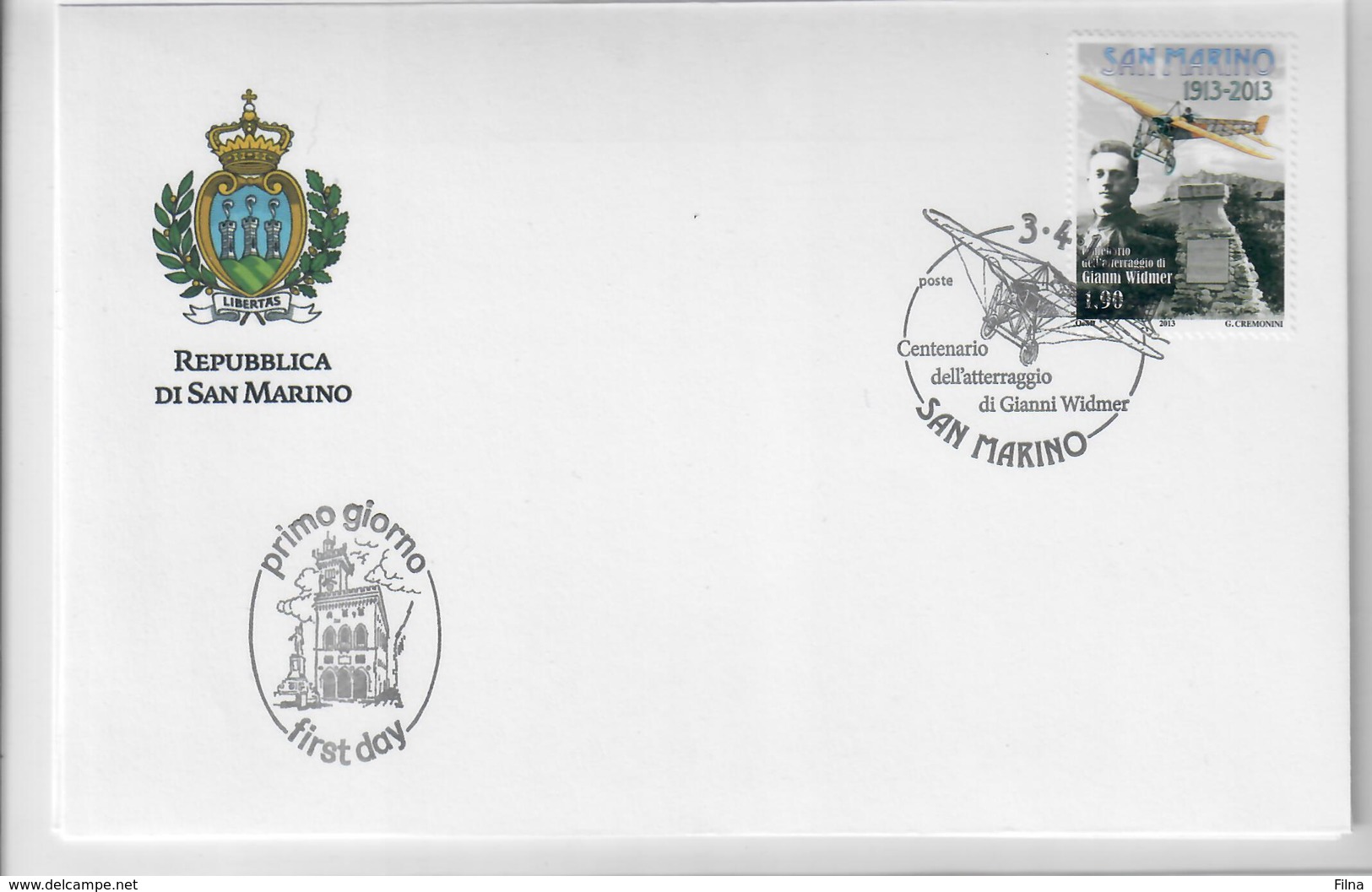 SAN MARINO 2013 - 100°  ATTERRAGGIO GIANNI WIDMER  - FDC - FDC