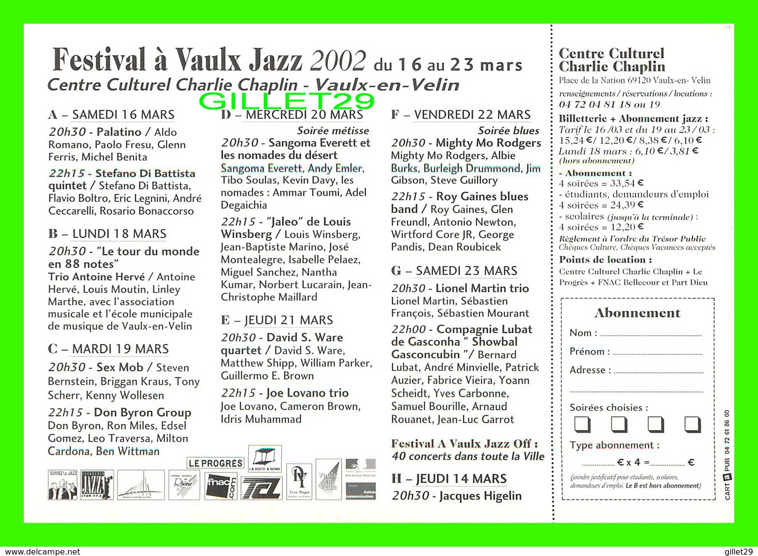 ADVERTISING - PUBLICITÉ DE MUSIQUES - FESTIVAL À VAULX JAZZ 2002 - CENTRE CULTUREL CHARLIE CHAPLIN, VAULX-EN-VELIN - - Publicité