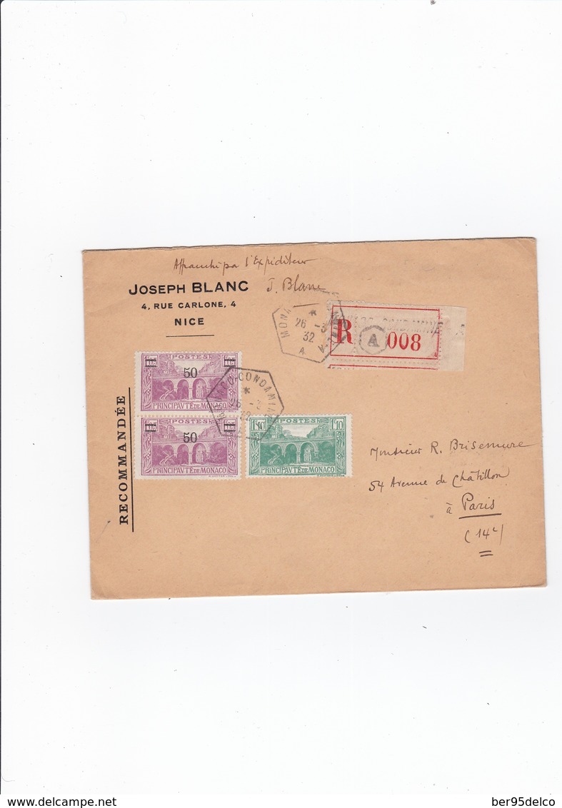 Enveloppe  Timbrée "Lettre Recommandée"  (Voir Scan)  Monaco 26 Mars 1932 - Marcophilie