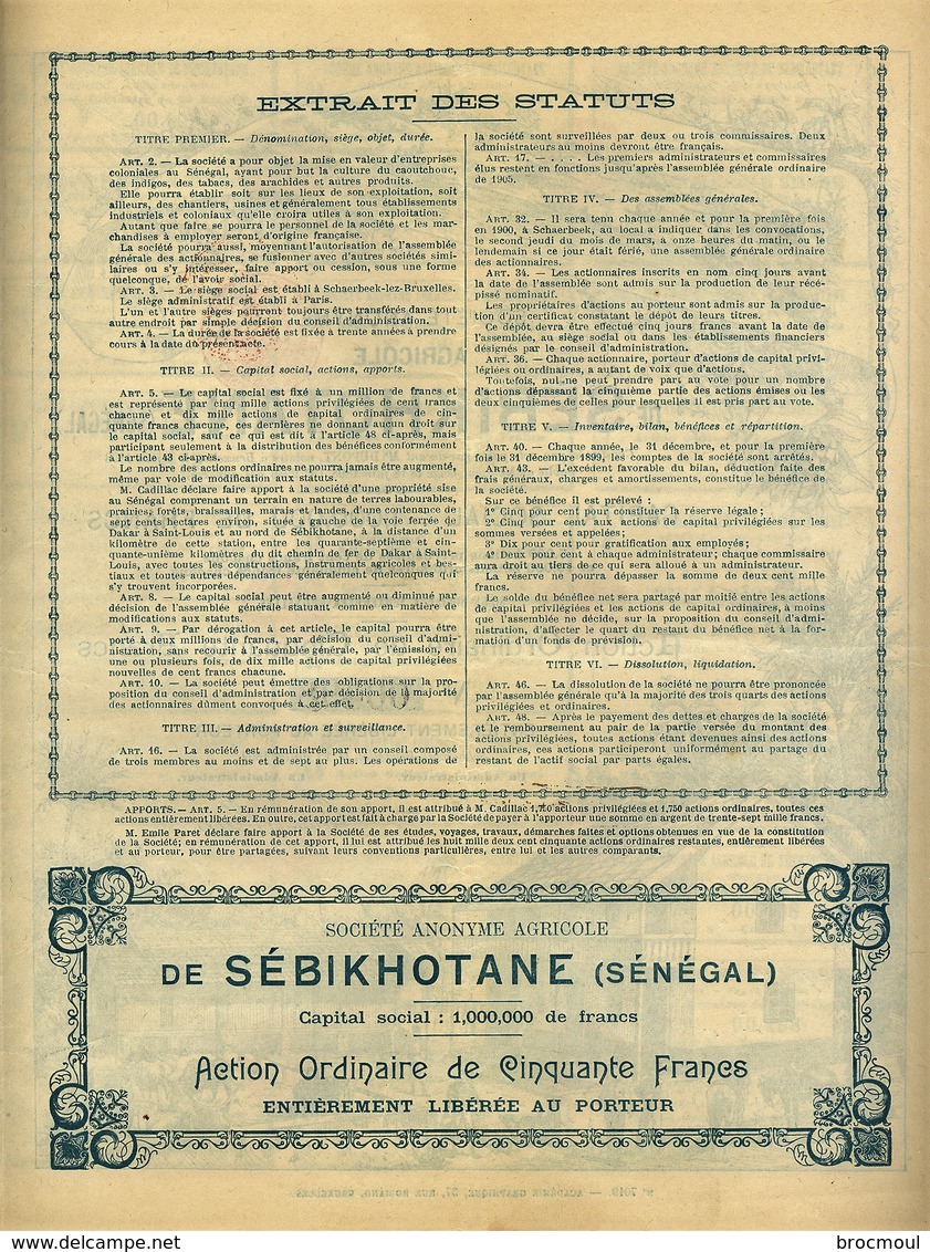 SA Agricole De SEBIKHOTANE (Senegal)  Schaerbeek-Bruxelles  15 Juillet 1899  RARE - Landbouw