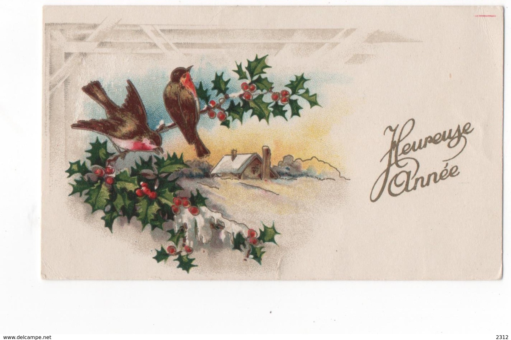 HEUREUSE ANNEE  - PTE CARTE COULEUR 10.8X6.5 - PAYSAGE ET OISEAUX POSES SUR BRANCHE DE HOU  - VOYAGEE EN 1946 - New Year