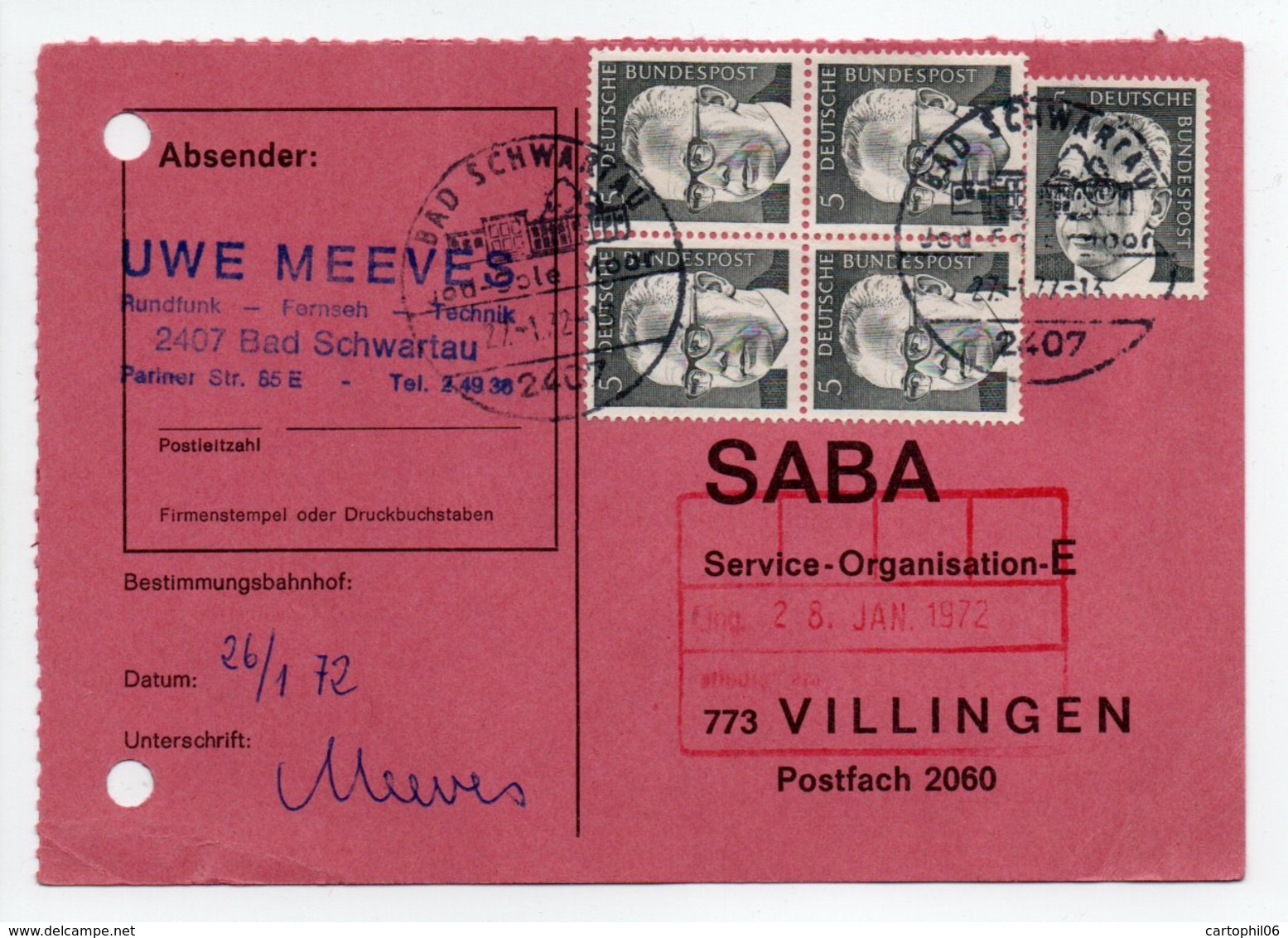 - POSTKARTE BAD SCHWARTAU Pour VILLINGEN (Allemagne) 27.1.1972 - A ETUDIER - - Covers & Documents