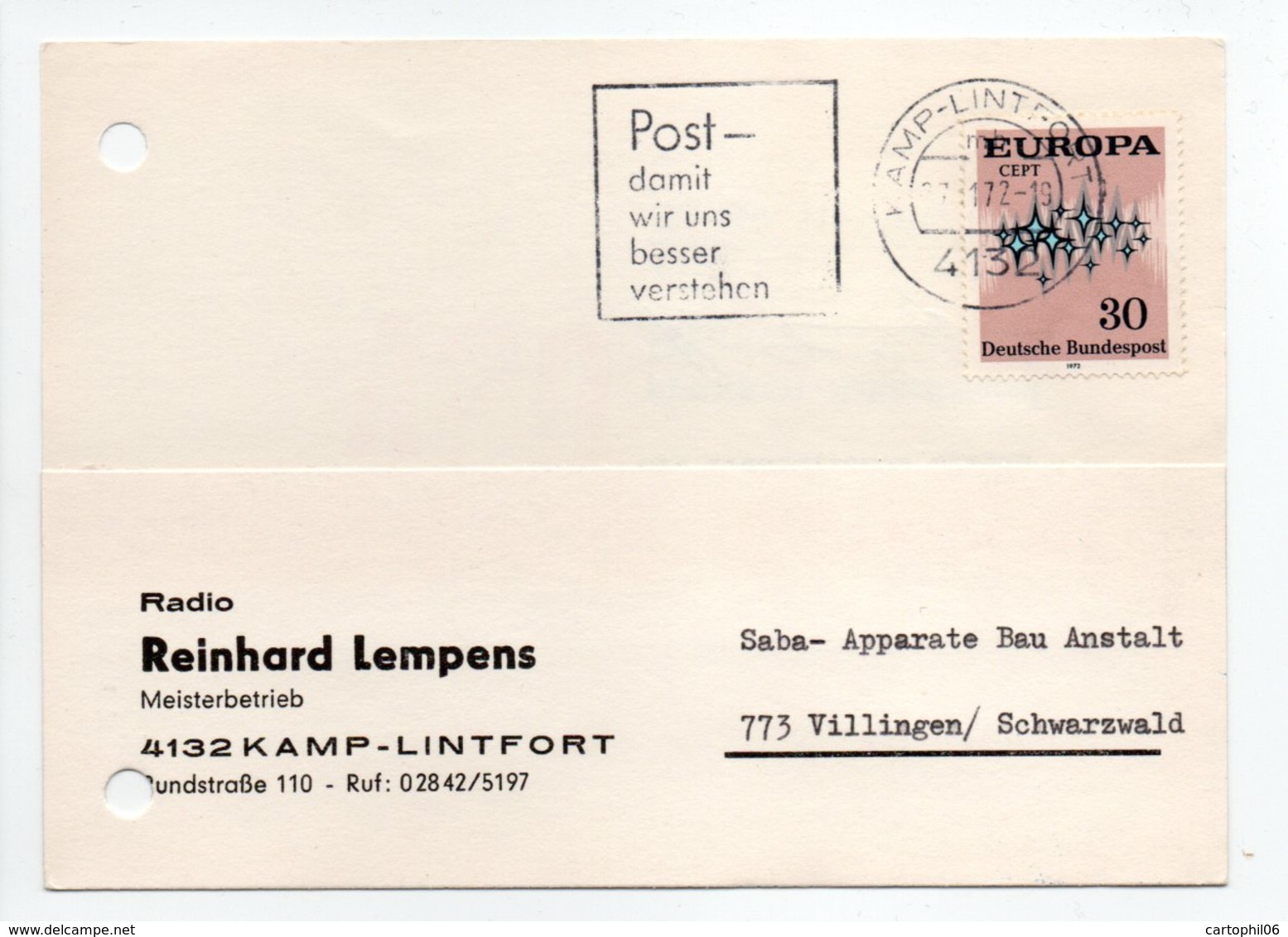 - POSTKARTE KAMP-LINTFORT Pour VILLINGEN (Allemagne) 27.11.1972 - A ETUDIER - - Covers & Documents