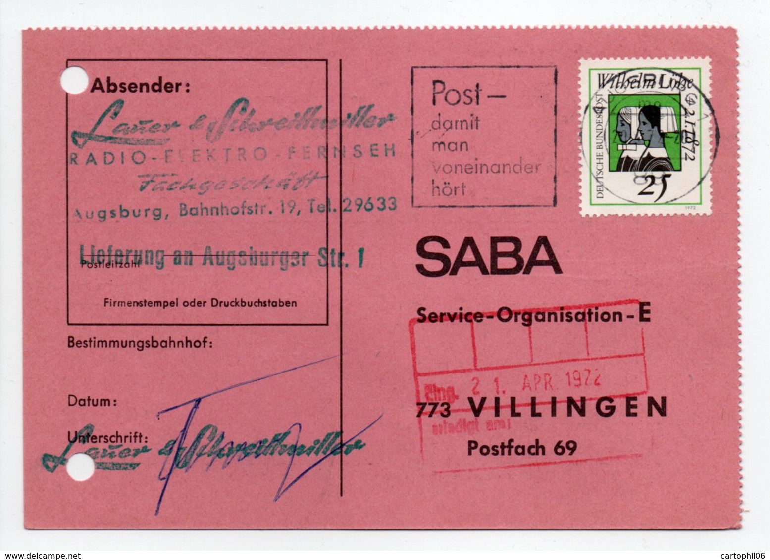 - POSTKARTE AUGSBURG Pour VILLINGEN (Allemagne) 20.4.1972 - A ETUDIER - - Covers & Documents