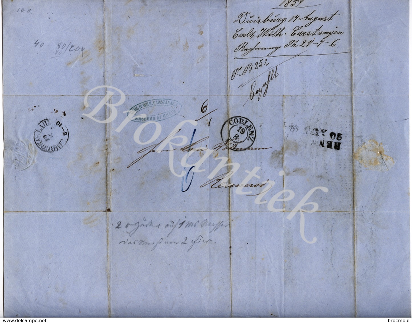 CARL & WILHELM CASTANJEN  Tabakfabriek  DUISBURG  Rechnung / Invoice, Send By Post From KOBLENZ 17 August 1859 - 1800 – 1899