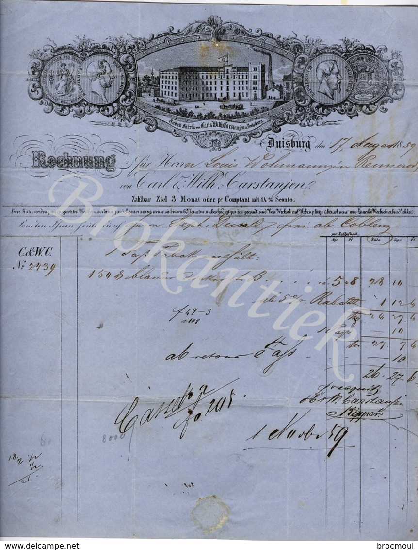 CARL & WILHELM CASTANJEN  Tabakfabriek  DUISBURG  Rechnung / Invoice, Send By Post From KOBLENZ 17 August 1859 - 1800 – 1899