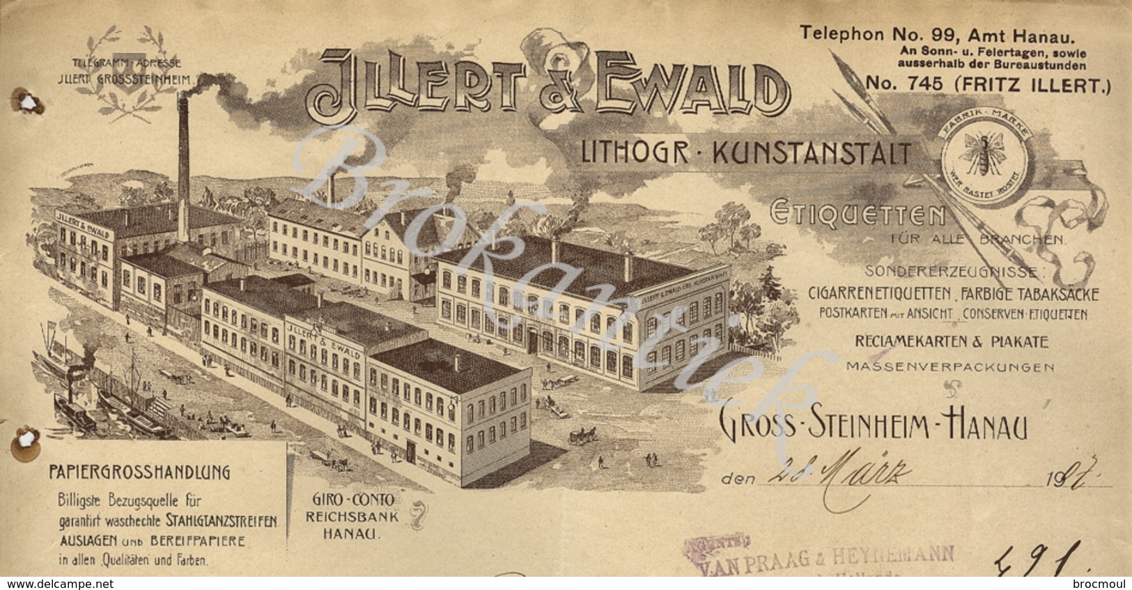 JILLERT & EWALD  Lithografie-Kunstanstalt  Etiquetten  GROSS-STEINHEIM-HANAU  Rechnung Für WINDELS-DELTOUR Malines 1907 - 1900 – 1949