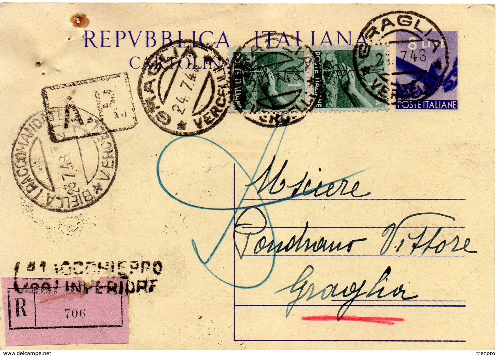 CARTOLINA POSTALE RACCOMANDATA £.8 - SPEDITA DA GRAGLIA (BI) A OCCHIEPPO INFERIORE (BI) IL 27.7.1948 - Interi Postali