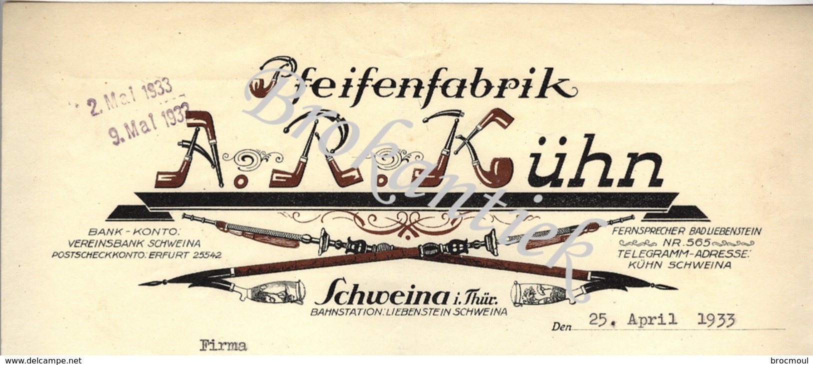 A.R KÜHN  SCHWEINA  I. Thür  Pfeiffenfabrik  Rechnung  An Ernst RATHJEN  Hamburg  25 April 1933 - 1900 – 1949