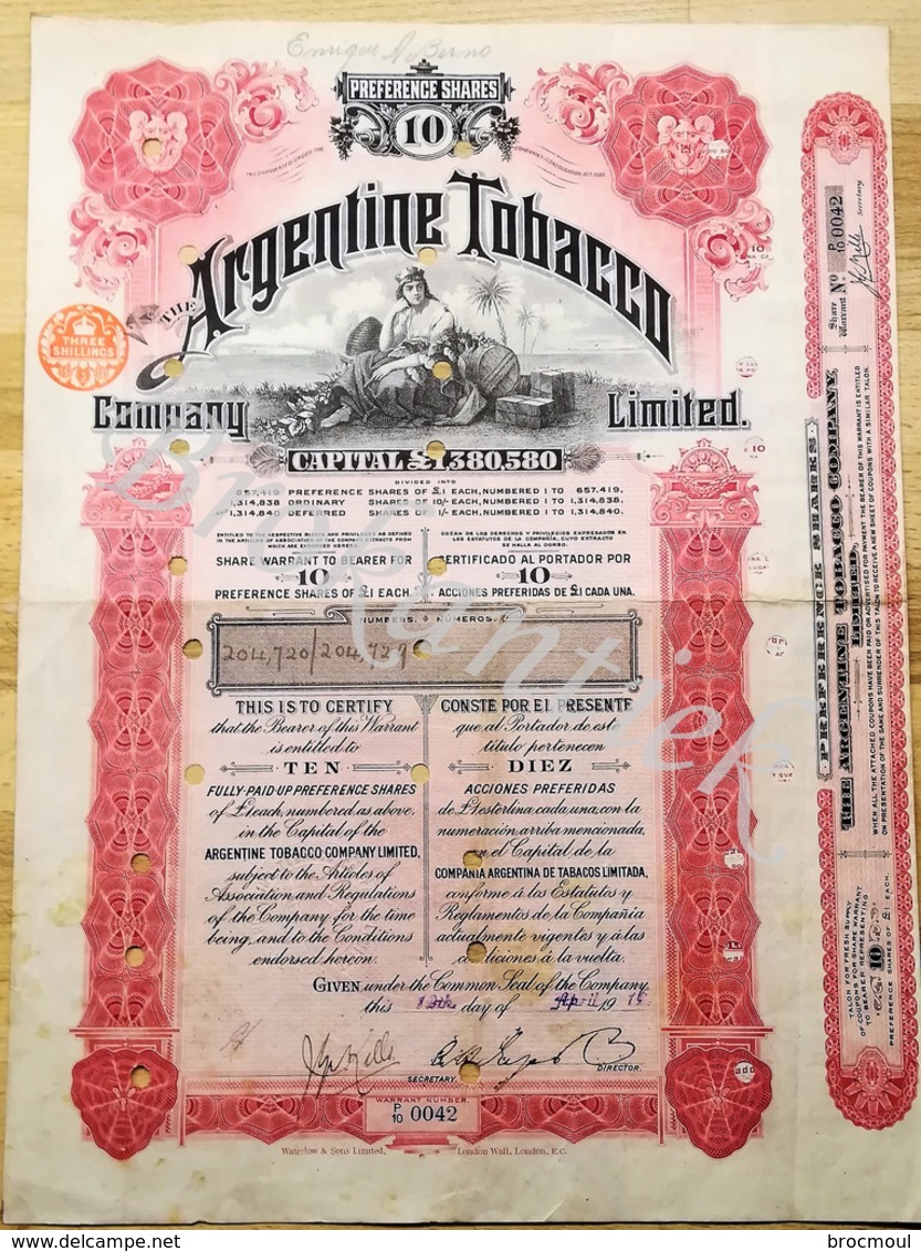 ARGENTINE TOBACCO C° Limited   10 Preference Shares Of  1£ Each   12 April 1912 - Autres & Non Classés