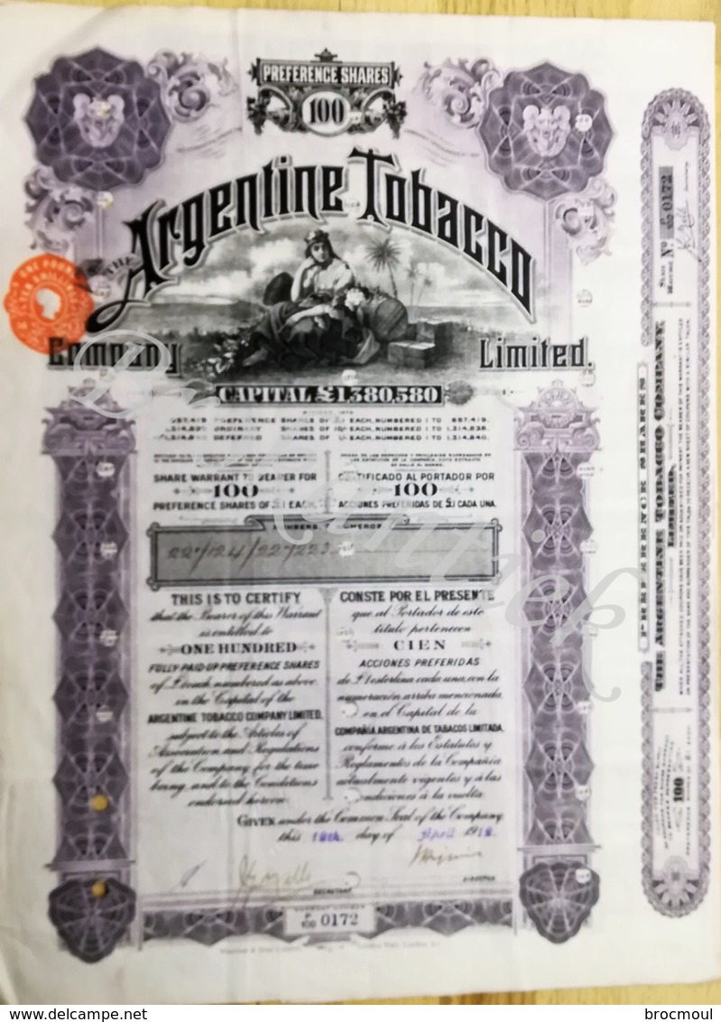 ARGENTINE TOBACCO C° Limited   100 Preference Shares Of  1£ Each 12 April 1912 - Autres & Non Classés