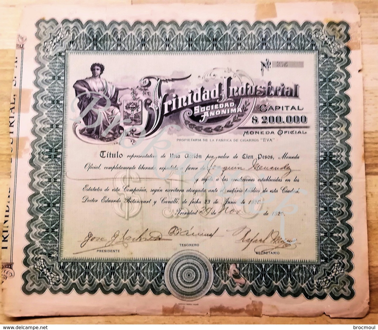 TRINIDAD INDUSTRIAL  S.A. Titulo Representativo De UNA ACCION Por Valor De CIEN PESOS A Favor De Joaquin MENENDEZ  1920 - Industrie