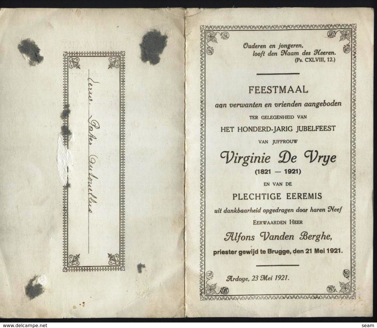 Aardooie :100 Jarige 1821 - 1921 Virginie De Vrije - Unieke Kaart. - Non Classés