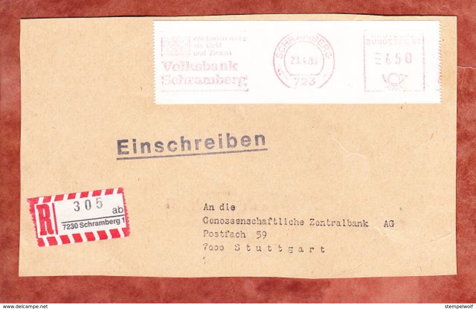 Einschreiben Reco, Paeckchenadresse, Absenderfreistempel, Volksbank Schramberg, 450 Pfg, 1985 (69291) - Maschinenstempel (EMA)