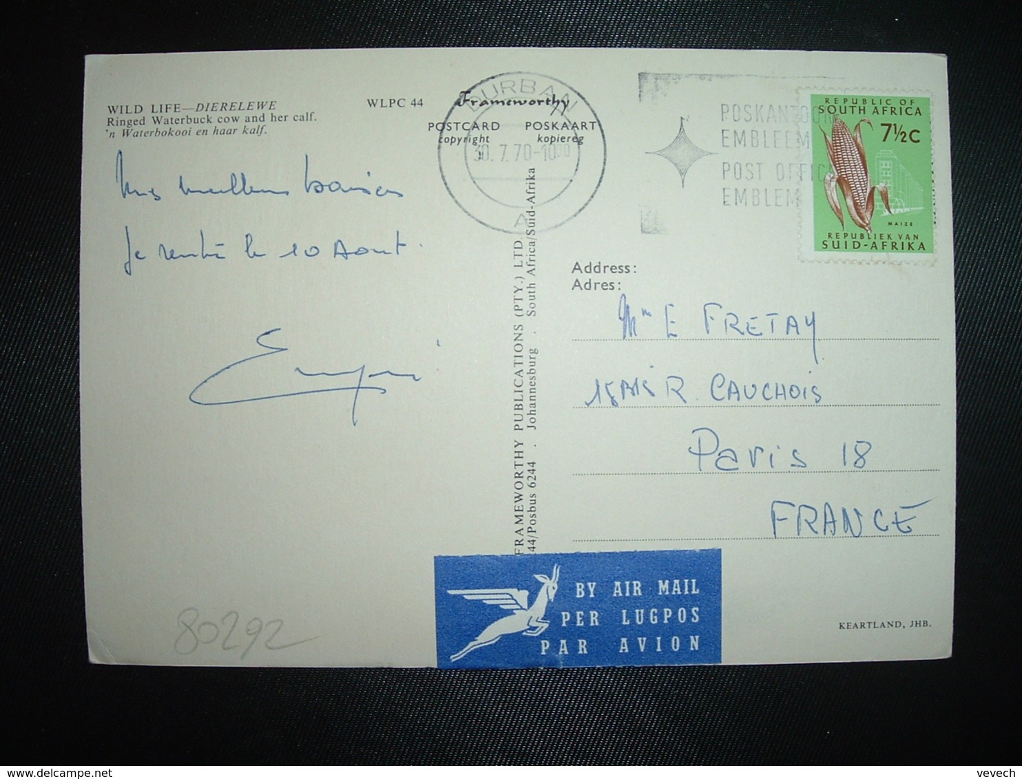 CP Pour La FRANCE TP MAIZE 7 1/2 C OBL.MEC.30.7.70 DURBAN - Lettres & Documents