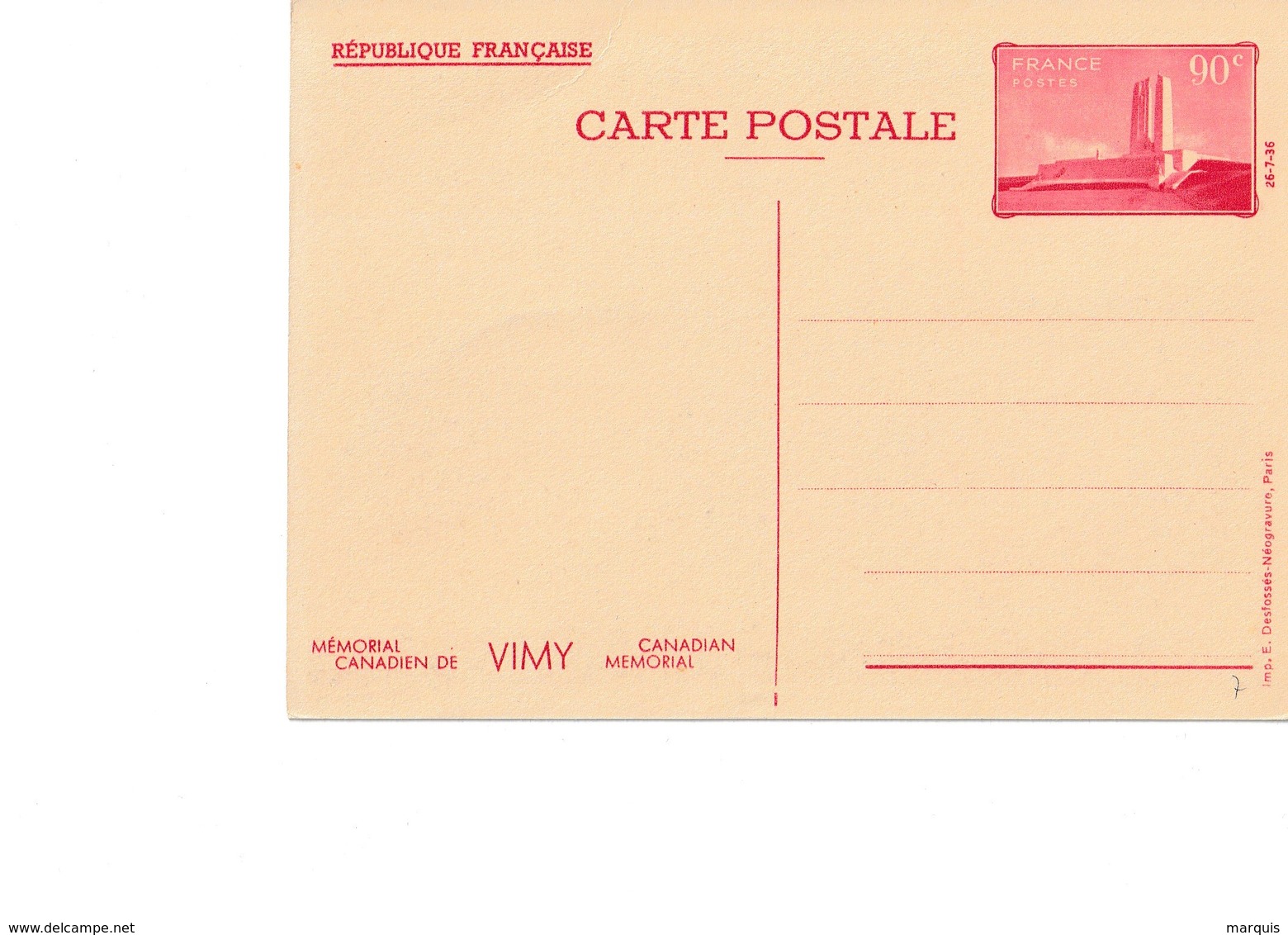 Mémorial De Vimy 90c CP N°1 Neuve - Cartoline Postali E Su Commissione Privata TSC (ante 1995)
