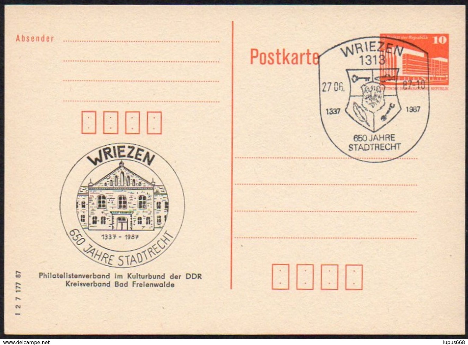 DDR 1987 Postkarte Mit Privatem Zudruck Mit SoSt. 1313 WRIEZEN , 650 Jahre Stadtrecht - Privé Postkaarten - Gebruikt