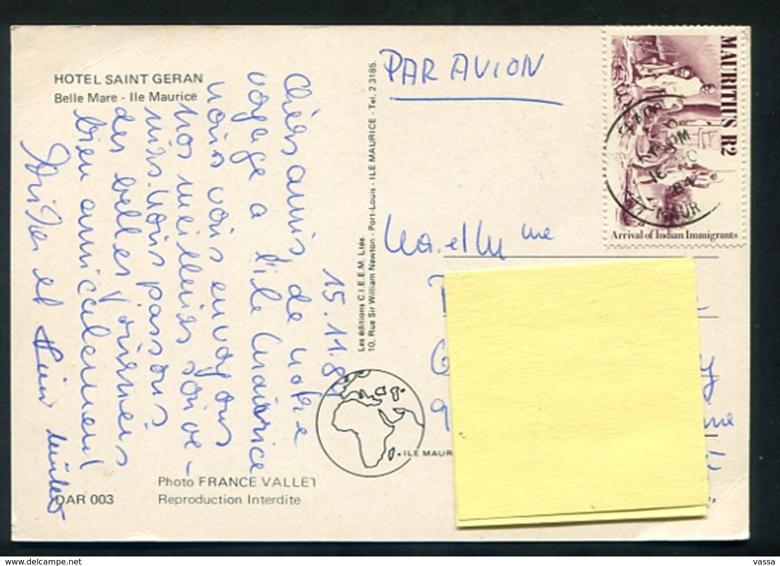 MAURITIUS  - HOTEL SAINT GERAN . Franked With Stamp 1984. Maurice - Maurice