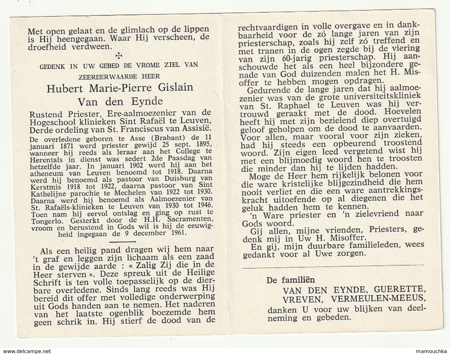 Dp.  Hubert M.P.G.  VAN DEN EYNDE Asse Brabant 1871 Priester Herentals Leuven Duisburg Mechelen Tongerlo 1961 - Images Religieuses