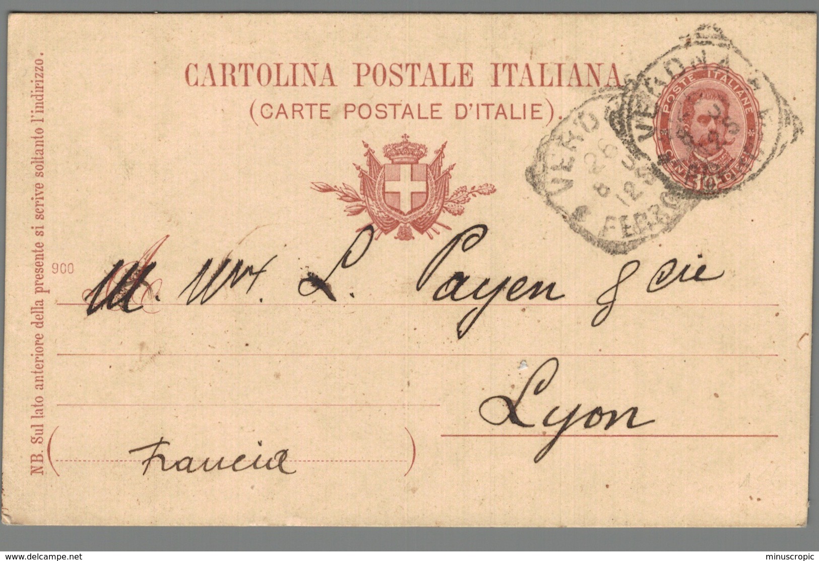 CPA Italie - Entier Postal - Verona - Lyon - Stamped Stationery