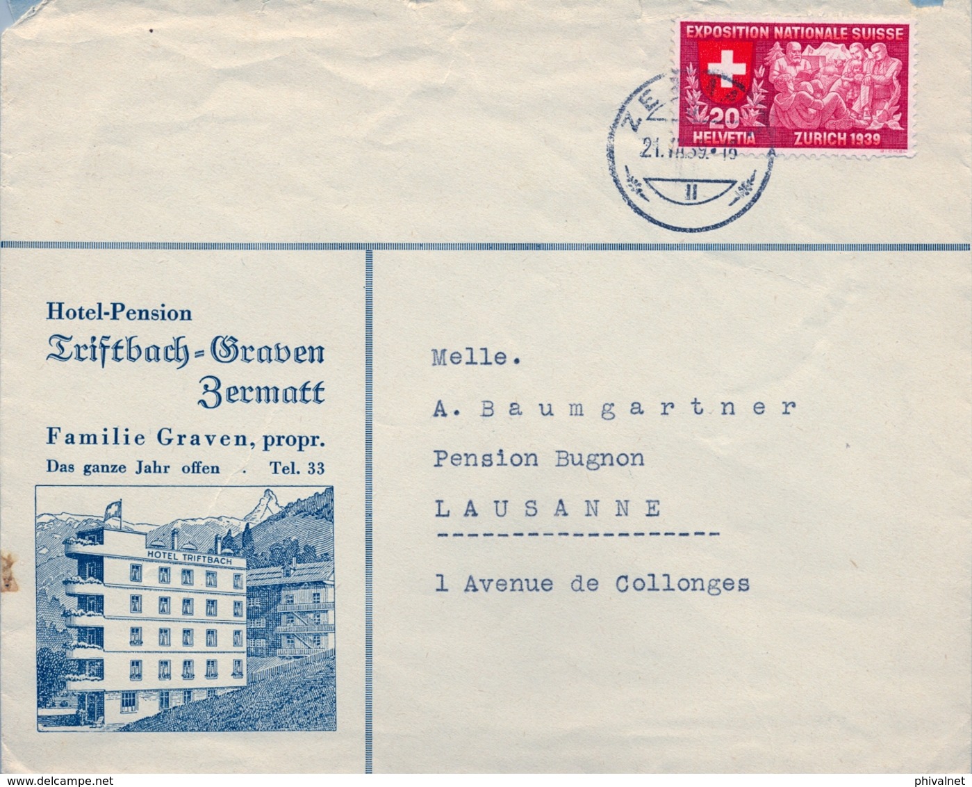 1939 , SUIZA , SOBRE CIRCULADO , ZERMATT - LAUSANNE , HOTEL TRIFTBACH - Lettres & Documents