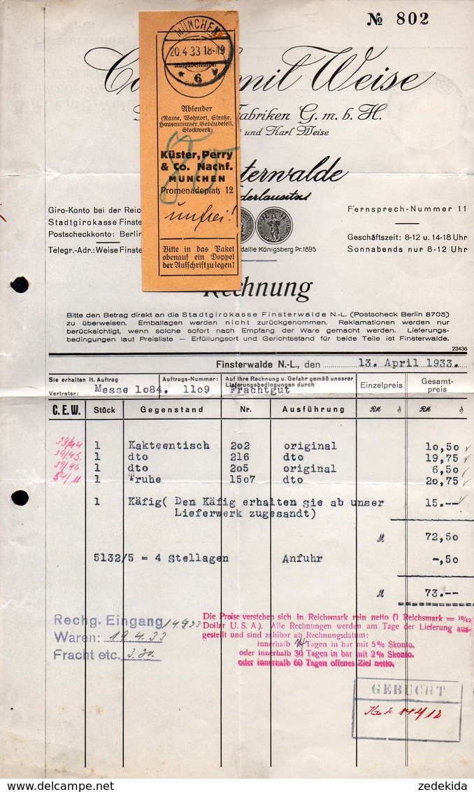 B2185 - Finsterwalde - Carl Emil Weise - Möbel Fabrik - Rechnung Nach Limbach - 1900 – 1949
